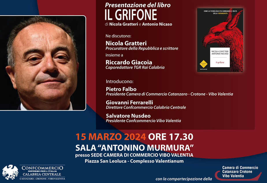 Nicola Gratteri a Vibo Valentia per presentare il suo ultimo libro “Il Grifone”. Appuntamento al Valentianum, venerdì 15 marzo