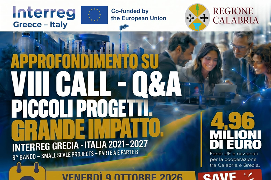 Piccoli progetti, grande impatto: meeting alla Regione Calabria sull’ottava Call del Programma Interreg Italia-Grecia